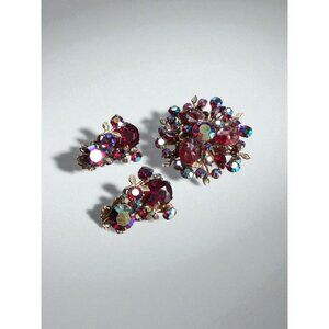 Vintage Red Rhinestone Floral Brooch & Clip-On Earrings Set Aurora Borealis Acce